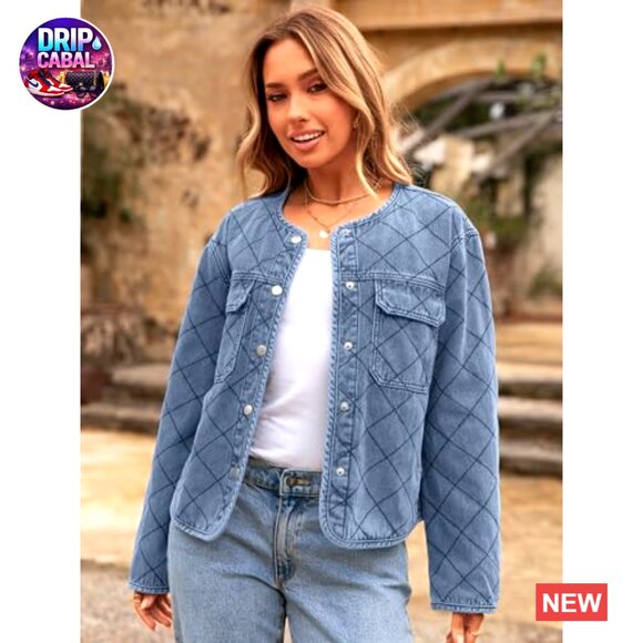 Denim Jean Jacket Quilted Lining Button Down Long Sleeve Lightweight Shacket - Picture 3 of 7